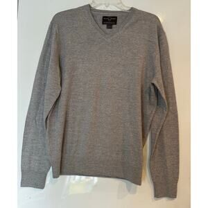 Black Brown 100% Merino Wool Sweater Men's Large V-Neck Light Gray